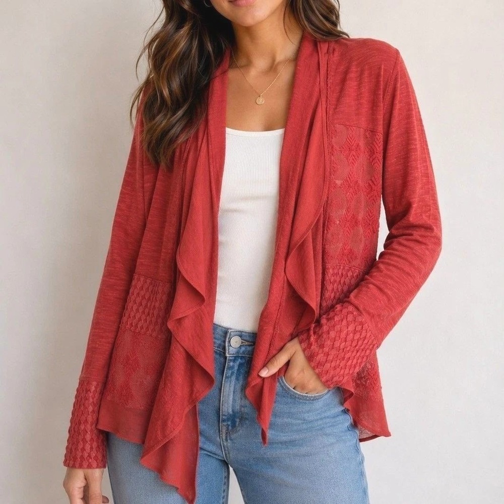 Meadow Rue Anthropologie Paso Doble Cardigan S Red Lace Patchwork Ruffle Flowy